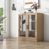 MAYEERTY  Natural Wood Grain Storage Cabinet with Glass Door for Living Room & Bar Area - 3 of 4