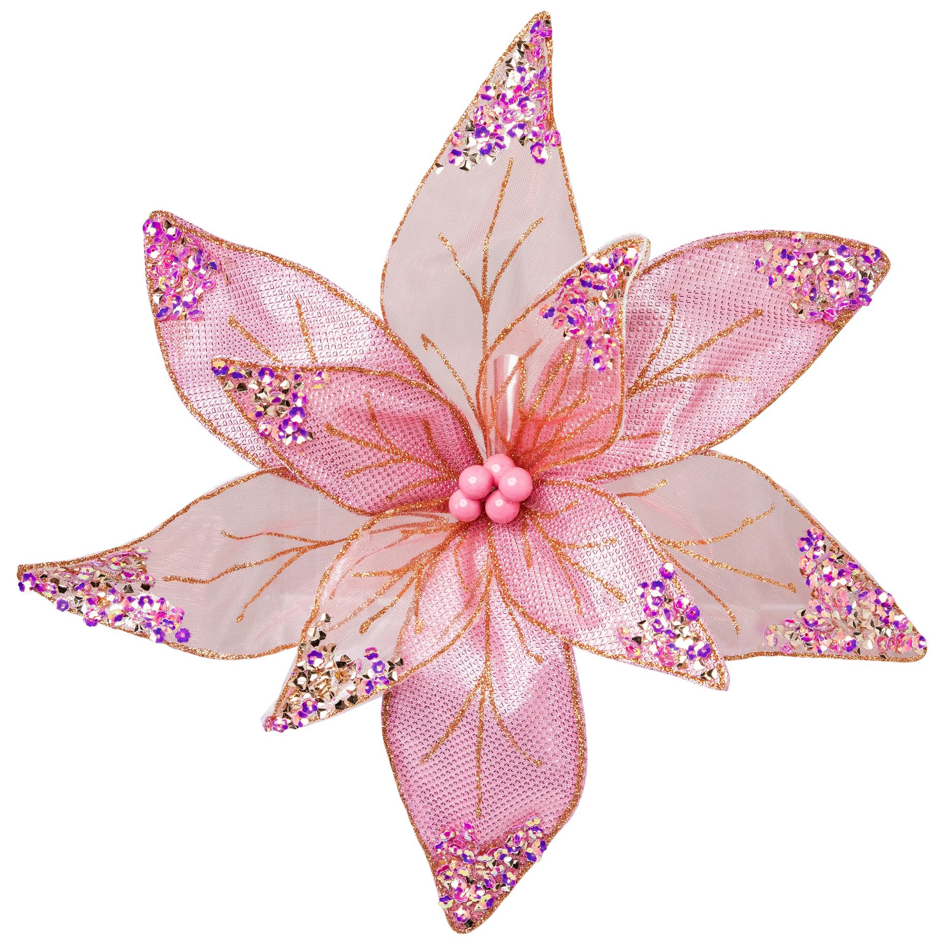 Northlight Glitter and Sequin Poinsettia Clip-on Christmas Ornament - 11.5" - Pink and Gold