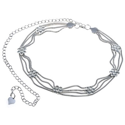 Anna-Kaci Women's Multi-Strand Waist Chain with Crystal Flower Accents and Adjustable Clasp - Silver
