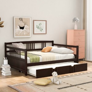 Full Size Daybed With Twin Trundle, Wooden Full Size Daybed Bed Frame With Rails For Bedroom Living Room No Box Spring Needed - 1 of 4