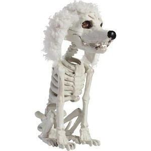 Halloween Poodle Dog Skeleton Decoration, Plastic Animal Bones Prop- Party Decor, Haunted Houses- Sitting Puppy Statue with Furry Ears & Moving Limbs - 1 of 4