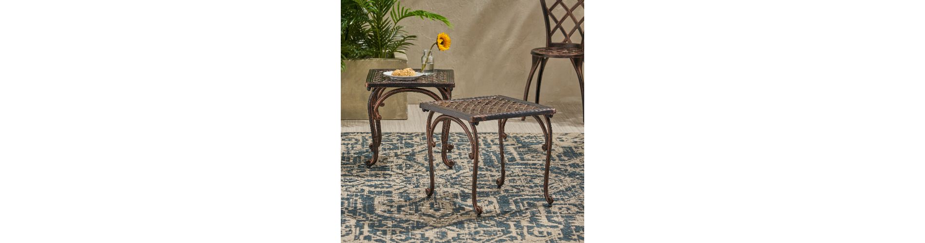 Lyngins 2-Piece Cast Aluminum Outdoor End Table, Weathered Copper Finish Patio Side Table with Woven Lattice, Square Outdoor Table