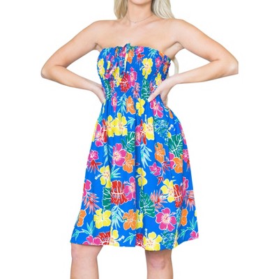 LA LEELA Women's House Daily Routine Evening Wear Holiday Backless Boho Smocked Mini Swing Dress Tube Top Dresses for Women One Size Blue, Floral