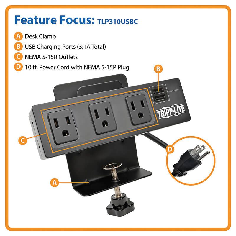 Tripp Lite Protect It!® 3-Outlet Surge Protector with 2 USB Ports and Desk Clamp, 5 of 10