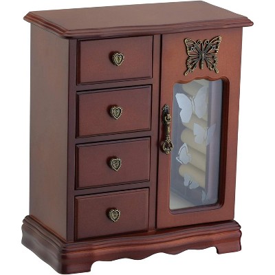 Solid Wooden Jewelry Box Organizer Women Ring Storage with 4-Drawers Built-in Necklace Carousel and Mirror