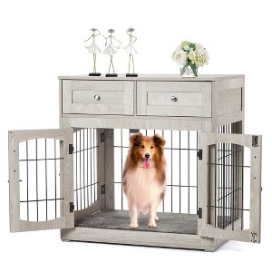 Dog Crate Furniture with Cushion, Heavy Duty Indoor Dog Kennel with 3 Doors and 2 Storage Drawers, Wooden Pet House Side End Table - 1 of 4