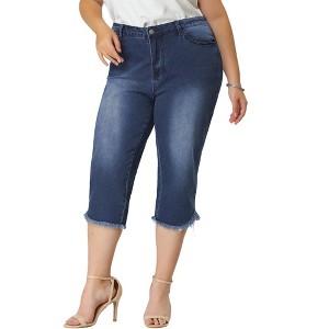 Agnes Orinda Women's Plus Size Fashion Denim Frayed Hem Washed Jeans Capri - 1 of 4