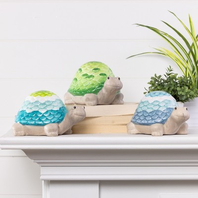 Terracotta Green and Blue Glazed Turtle Figurine Set of Three