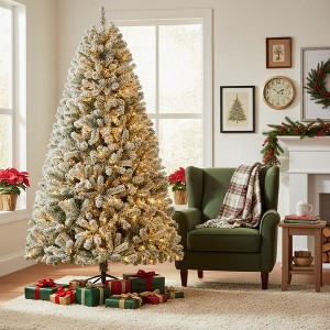 KRISRATE 6 FT Snow Flocked Artificial Christmas Tree with 300 Multi-Color/Warm White Lights, Pre-lit Artificial Tree with 956 Branch Tips,Metal Stand - 1 of 4