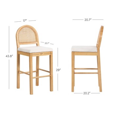 Light Oak and Rattan Counter Height Bar Stools with Boucle Seats, Set of 2