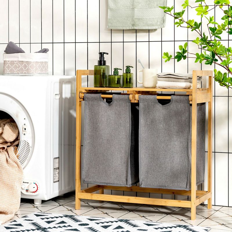 Costway Bamboo Laundry Hamper w/Dual Compartments Laundry Sorter w/Sliding Bags & Shelf, 2 of 11
