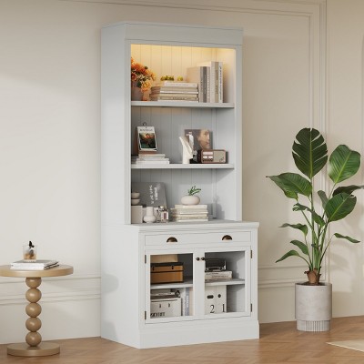 Modern Solid Wood Display Cabinet,83" Tall Bookcase with Adjustable Shelves and Glass Doors,Home Office Open Storage Bookcase-Baofuwish