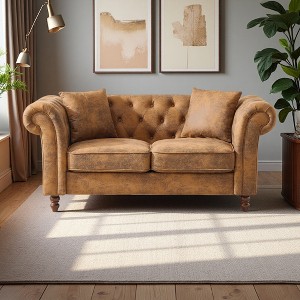 66" Chesterfield Tech Fabric 2-Seater Sofa with Roll Arm & Throw Pillows - 1 of 4