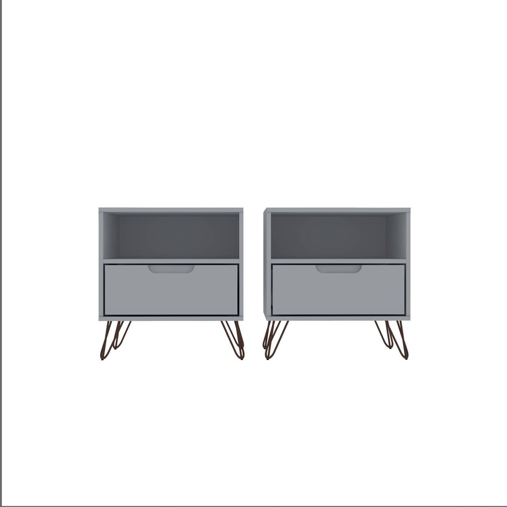 Set of 2 Rockefeller 1 Drawer Nightstands White - Manhattan Comfort: Mid-century Design, Metal Legs, Open Shelf