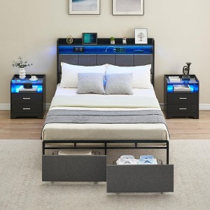 Bed Frame with Headboard and 2 Storage Drawers, Upholstered Platform Bed Frame with Chargin Station and LED Lights, Heavy Duty, No Box Spring Needed - 1 of 4