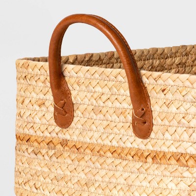 Natural Braided Water Hyacinth Rectangular Storage Basket with Faux Leather Handles