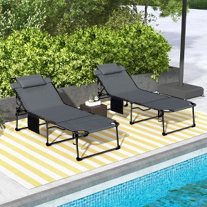 TiramisuBest 2-Piece Folding Chaise Lounge Set with 5-Position Recliner, Reading Hole, Side Pocket & Headrest for Beach/Yard/Patio (Gray) - 1 of 4