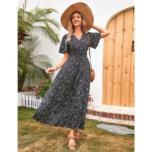 Coolmee Women Boho Floral Casual Smocked Ruffled Short Sleeve Dress Elegant V-Neck Split Maxi Dress - 1 of 4