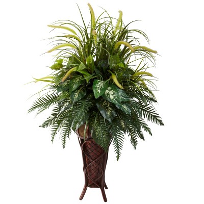 Nearly Natural Mixed Greens & Cattails with Stand Planter