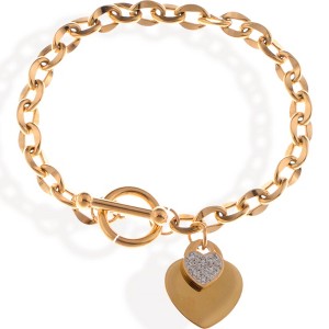 Anna-Kaci Gold Tone Chain Bracelet with Double Heart Charms and Toggle Clasp - Gold - 1 of 4