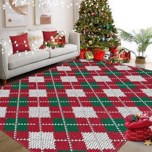 GustoWave Christmas Holiday Plaid Throw Area Rugs, Non Slip Machine Washable, Green+Red - 1 of 4