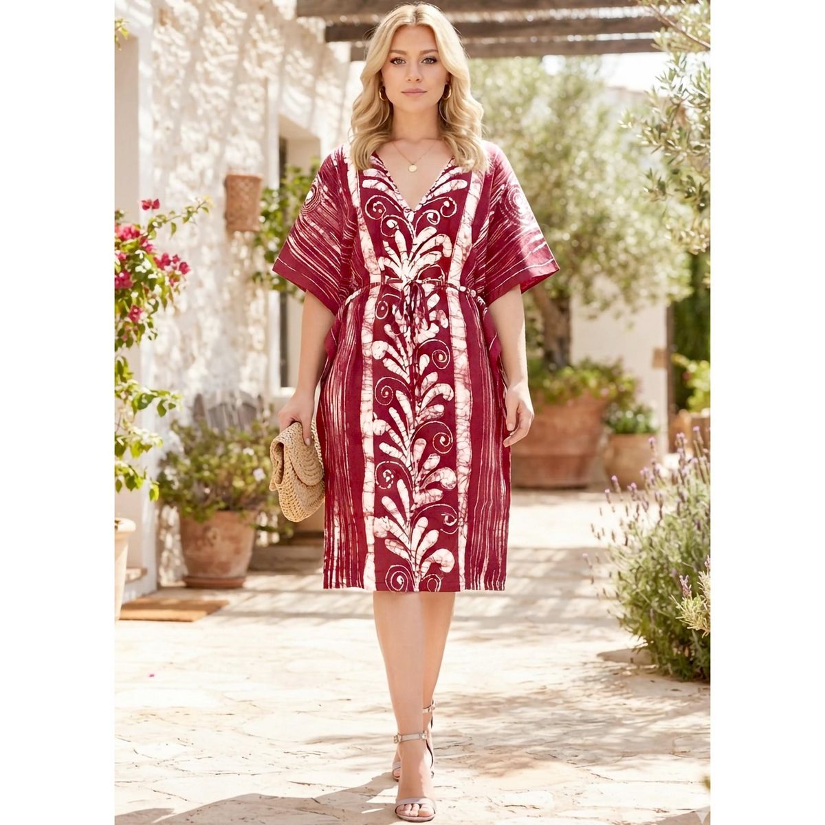 LA LEELA Summer Cotton Women Tunic Dress Resortwear Vacation Holiday Cruise Pregnancy Wear Relaxed Fit Travel Outfit 2X-3X Red Paisley - thumbnail 5