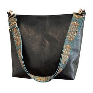 Vegan PU Leather Crossbody Hobo Bag Stylish Shoulder Purses Wide Guitar Strap Tote Bucket Bag - 1 of 4