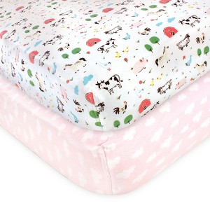 Hudson Baby Infant Girl Cotton Fitted Crib Sheet, Girl Farm Animal, One Size - 1 of 3
