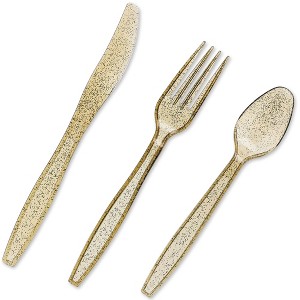 Juvale 96 Pack Gold Glitter Plastic Silverware for Wedding Party Supplies, Cutlery Includes Forks, Spoons, Knives, Serves 32 - 1 of 4