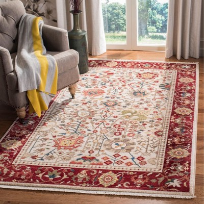 Ivory and Red Hand-knotted Synthetic Rectangular Area Rug