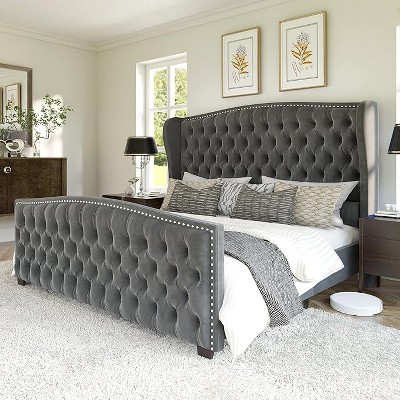 AMERLIFE Platform Bed Frame, Velvet Upholstered Bed with Deep Button Tufted