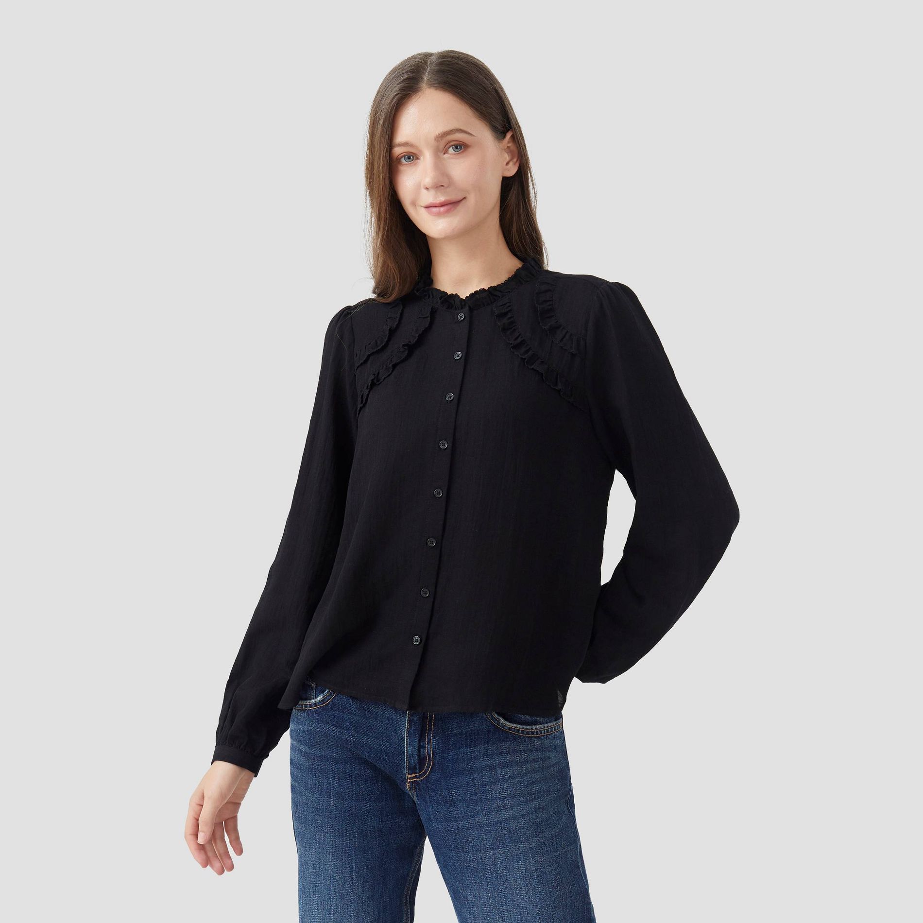Women's Long Sleeve High Neck Button-Front Top - Universal Thread™ Black S