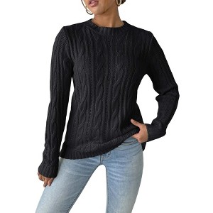 Coolmee Women's Cable Cropped Sweater Long Sleeve Crewneck Pullover Knit Jumper Top - 1 of 2