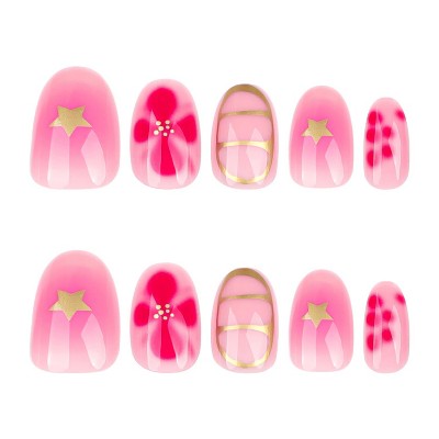 LOVELAY CREATIONS Summer Short Almond Press-On Nails with Pink Flower Gold Lines