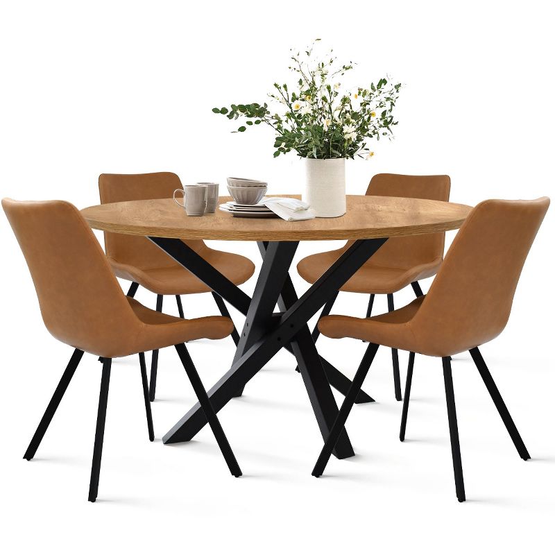 Oliver+Kourtney 5 Piece Black Round Dining Table Set with Faux Leather Dining Chairs Set of 4 with Black Legs-The Pop Maison, 2 of 9