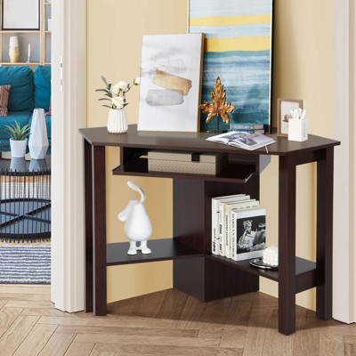 Compact Functional Brown Wood Corner Desk with Keyboard Tray and Drawer