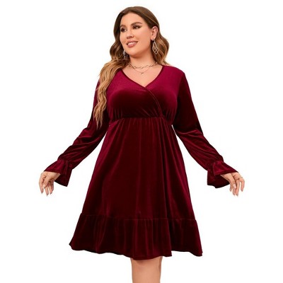 Kojooin Plus Size Velvet Dress Women V Neck Wrap Dress Long Sleeve Babydoll  Fall Dress Ruffle Hem Cocktail Party Dress Wine Red 3xl : Target