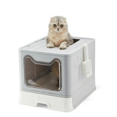 LunaLulinlk gray Large cat litter box with lid, including cat litter scoop, closed cat litter box