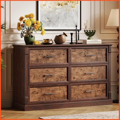 Farmhouse 6 Drawer Dresser for Bedroom, Rustic Chest of Drawers with Metal Handles, Large Double Dresser TV Stand
