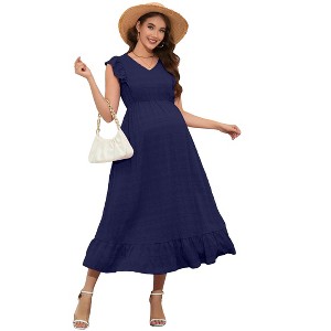 Coolmee Women Summer Maternity Maxi Dress Casual V Neck Ruffle Sleeve Tiered A Line Flowy Long Sundress with Pockets - 1 of 4