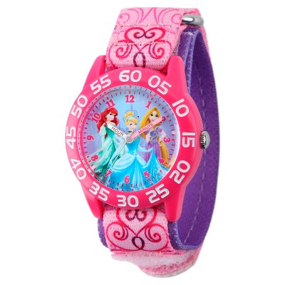 Girls' Disney Princess Ariel, Cinderella and Rapunzel Pink Plastic Time Teacher Watch- Pink