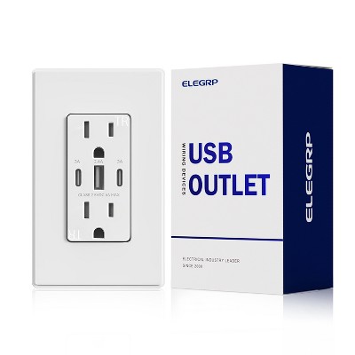 ELEGRP 30W 6.0 Amp 3-Port USB Wall Outlet, 15A Duplex Receptacle with Dual Type C & A Ports, UL Listed, w/Wall Plate,Matte White 1PC