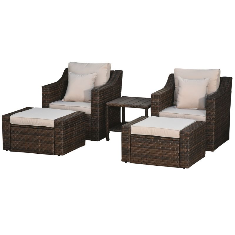 Outsunny 5 Piece Patio Furniture Set, All Weather PE Rattan Conversation Chair & Ottoman Set w/ Table, Cushions & Pillows Included, 1 of 9