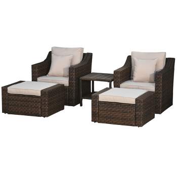 Outsunny 5 Piece Patio Furniture Set, All Weather PE Rattan Conversation Chair & Ottoman Set w/ Table, Cushions & Pillows Included