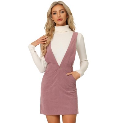 INSPIRE CHIC Women's V-Neck Corduroy Strap Back Overall Mini Pinafore Dress