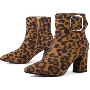 BLISSFUL STEP Square Buckle Chunky Heels Pointed Toe Ankle Boots for Women - 1 of 4