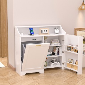VECELO Kitchen Trash Bin Cabinet with Adjustable Shelves and Charging Station Tilt Out Trash Can Cabinet with Deodorizing, White - 1 of 4