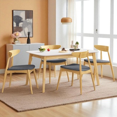 5-Piece Mid-Century Modern Dining Table Set with Faux Wood Top and 4 Upholstered Chairs, Solid Rubberwood Frame for Kitchen or Dining Room