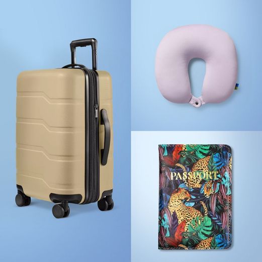 Beige Hardside Carry On Spinner Suitcase, Lavender travel pillow and passport holder