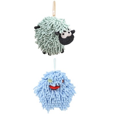 REGALWOVEN 2 Packs Cute Sheep Shape Absorbent Fast Drying Chenille Hand Towels with Hanging Loop 7" x 7"